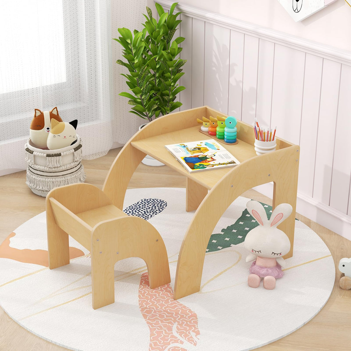 Costzon Kids Table and Chairs, Montessori Weaning Wooden Desk and Chair w/Wide Tabletop, Curved Edges, Space-Saving Design for Kids' Room, Nursery and Playroom, Toddler Table and Chair Set (Natural) Costzon