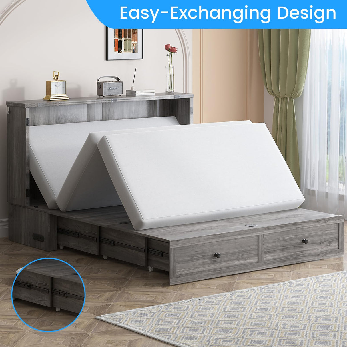 PUREMIND Queen Murphy Bed Cabinet with Mattress Included, Bedroom Cabinet Beds with USB Charging Station, Murphy Chest Bed with Storage Drawers, Horizontal Wallbed for Guest Room Grey PUREMIND