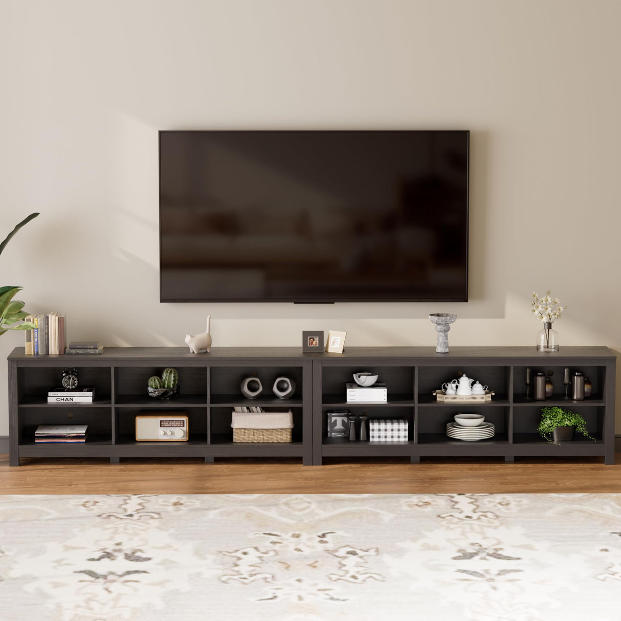 BVIUNTWO TV Stand for 110 Inch TV, Black Entertainment Center for 90+ inch TV Console Table with 12 Cubby Storage, Classic Television Stands for Living Room,Bedroom BVIUNTWO