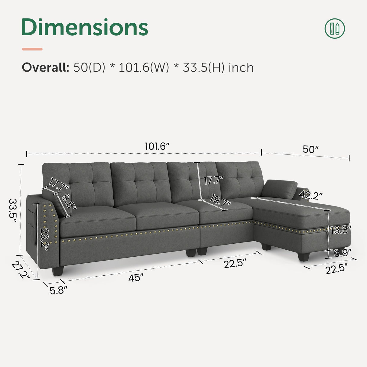 HONBAY Reversible Sectional Sofa L-Shape Sofa Convertible Couch 4-Seater Sofas Sectional for Apartment Dark Grey HONBAY