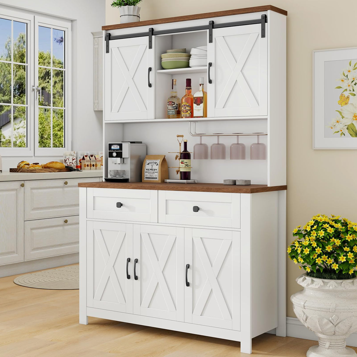 67.7 Inch Farmhouse Pantry Storage Cabinet with Sliding Barn Doors, 2 Drawer Farmhouse Coffee Cabinet with Adjustable Shelf, Buffet Cabinet with Buffet Cupboard for Kitchen, Livingroom Vabches