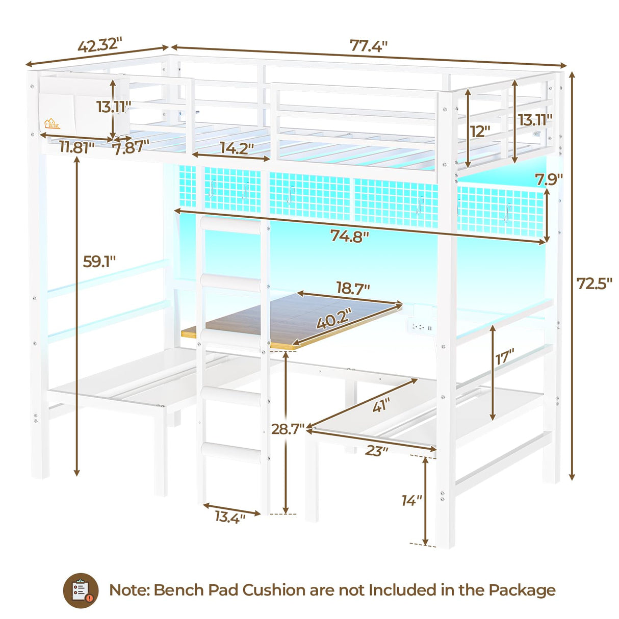 DICTAC Twin Size Loft Bed with Desk and Charging Station Convertible Twin Over Twin Size Bunk Bed with Led Light and Metal Bunk Beds with Desk,Stair and Safety Guard,White(Cushion not Included) DICTAC