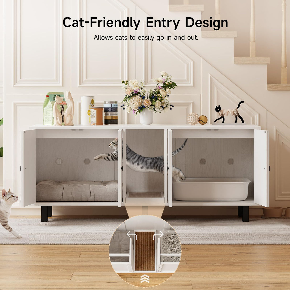 ONBRILL 59 Inches Cat Litter Box Enclosure for 2 Cats, Hidden Litter Boxes Furniture with Cat Scratch Pad, Large Indoor Pet House with Double Room, Wooden TV Stand Side Table, Off White ONBRILL