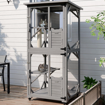 OFIKA Cat House Catio Outdoor Enclosure with Waterproof Roof,71'' cat House & Condos on Wheels for Outdoor Patio,Cat Window Box,Scratching Post(Grey)