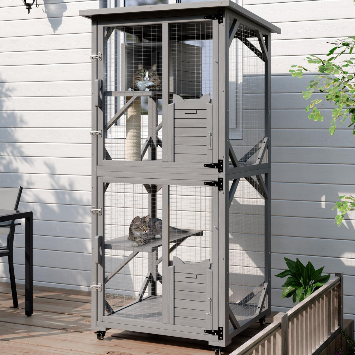 OFIKA Outdoor Catio Cat Enclosure with Waterproof Roof,Platforms,Upgraded Resting Box, 70.4’’cat Houses & Condos on Wheels for Outdoor Patio,Cat Window Box,Scratching Post(Grey) OFIKA