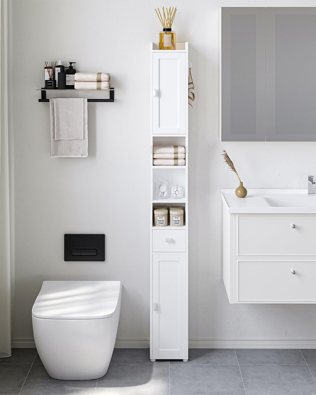 HEXCELEN Narrow White Bathroom Storage Cabinet with Doors, Drawer, and Adjustable Shelf HEXCELEN