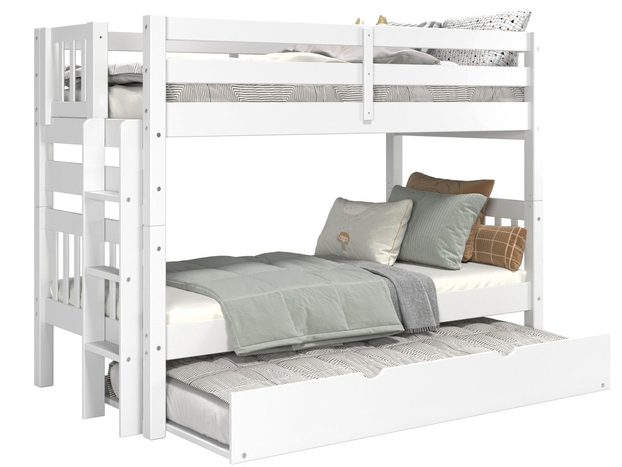 Bedz King Bunk Beds Twin over Twin Mission Style with End Ladder and a Twin Trundle, White Bedz King