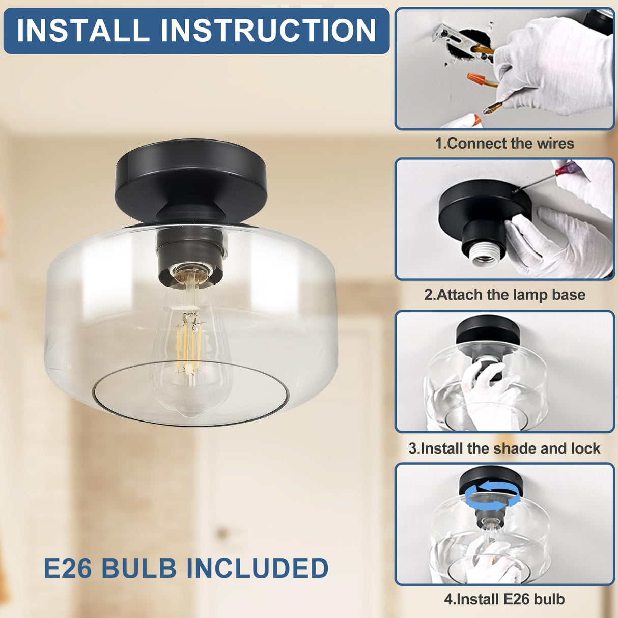 Industrial Semi Flush Mount Ceiling Light: Black Kitchen Lighting Fixtures Ceiling with Clear Glass - Vintage Hallway Light Fixtures E26 Bulb Included - 8.46” Light Fixtures Ceiling Mount for Foyer DINGLILIGHTING