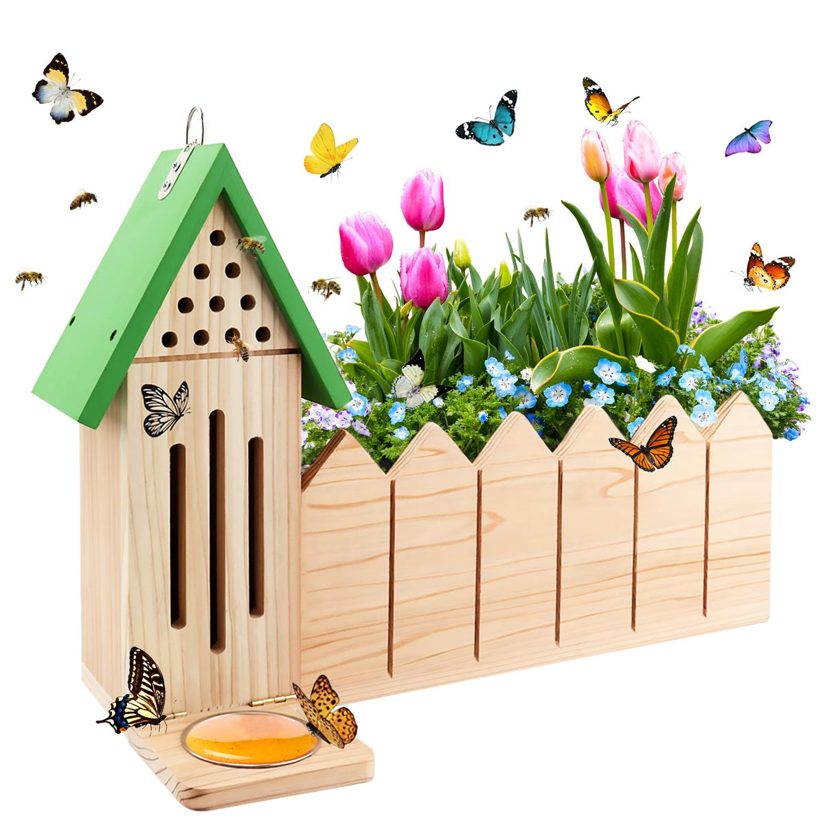 4-in-1 Butterfly House Feeder Bee House with Flower Pot, Wooden Butterfly Houses for The Garden, Butterfly Feeders for Outdoors, Natural Butterfly Garden Kit Habitat for Outside Beyoogeem