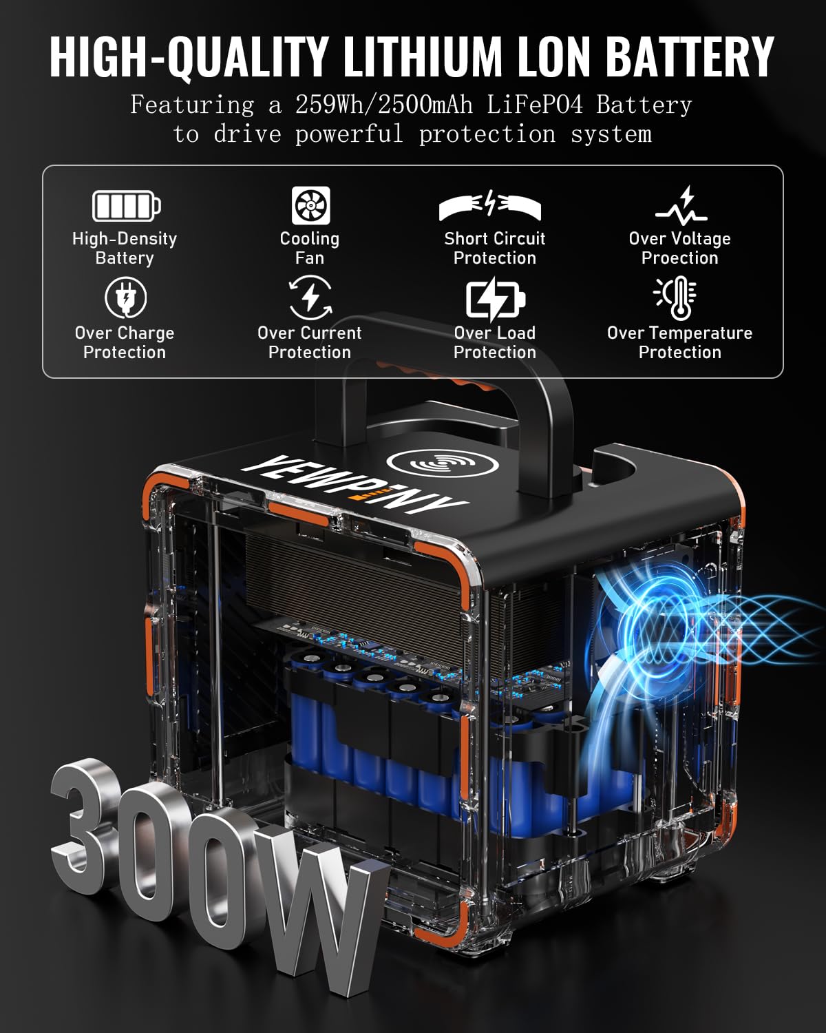 YEWPINY EM300 Portable Solar Power Station, 259Wh LiFePO4 Battery, 65W USB-C PD Fast Charging, 600W Peak, AC/DC/USB-A Outputs for Camping, Home, and Emergency Use yewpiny