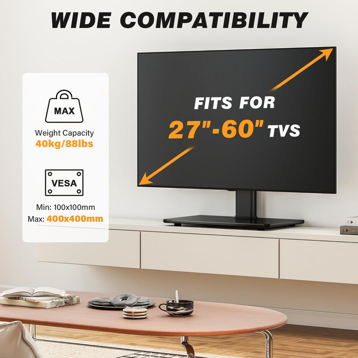 5Rcom Universal Swivel TV Stand for 27-60 inch Curved/Flat Screen TVs, Table Top TV Base Replacement Holds up to 88 lbs, Height Adjustable TV Stand Mount with Tempered Glass Base, MAX VESA 400x400mm 5Rcom