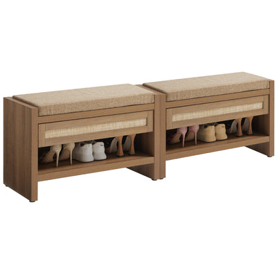 SICOTAS Rattan Shoe Bench Entryway Bench with Storage Drawer and Linen Seat Cushion, Farmhouse Boho Shoe Rack Bench with Shelf, Wooden Storage Bench for Entryway Hallway and Bedroom, Natural Oak, 2PCS