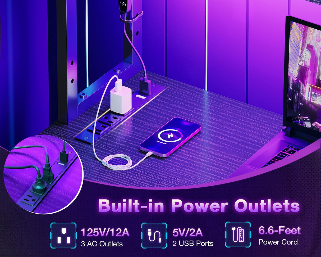 ODK 53 Inch L Shaped Desk with LED Lighting, Reversible Gaming Desk with Power Outlets, Cornor Computer Table with Storage Shelves & Bag & Iron Hook, Home Office Table for Writing, Study, Black ODK