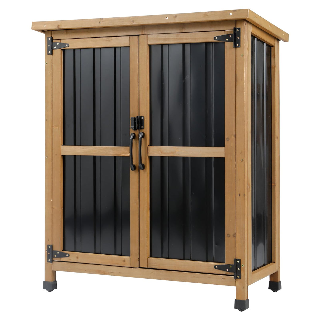 Outdoor Storage Cabinet, Small Wood & Metal Storage Shed with Lockable Doors & Adjustable Shelves, Vertical Outdoor Cabinets for Patio Backyard,Garden Tool Shed and Accessories, Brown Magazoopet