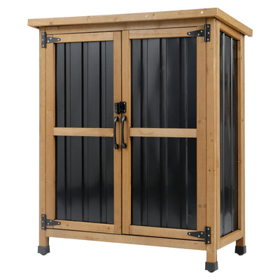 Outdoor Storage Cabinet, Small Wood & Metal Storage Shed with Lockable Doors & Adjustable Shelves, Vertical Outdoor Cabinets for Patio Backyard,Garden Tool Shed and Accessories, Brown