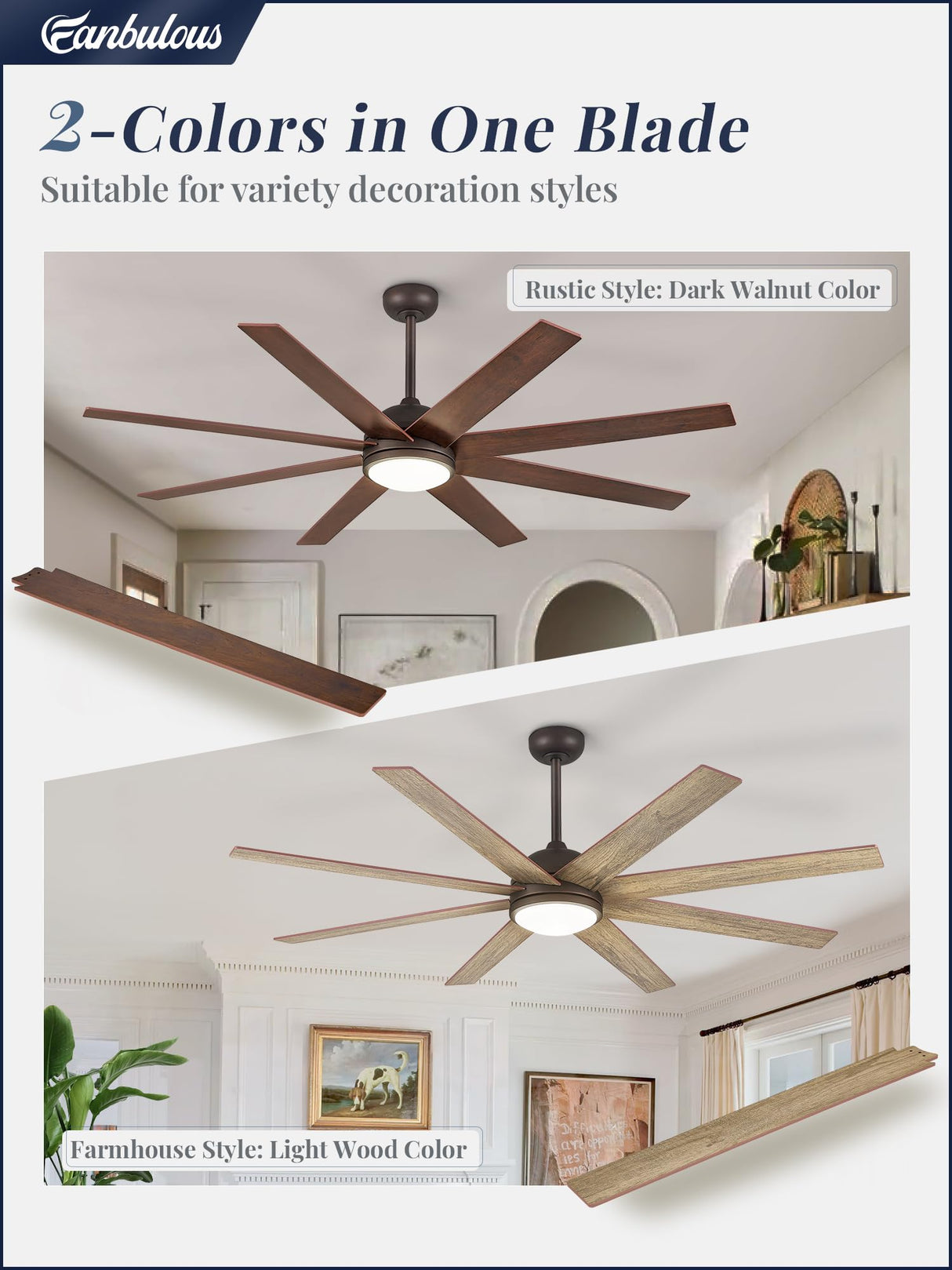 Fanbulous 65 Inch Ceiling Fans with Lights and Remote, Walnut Indoor/Outdoor Ceiling Fan with Quiet Reversible DC Motor, 6 Speeds, 3CCT, 8 Blades Large Ceiling Fan for Living Room Bedroom Patio Fanbulous