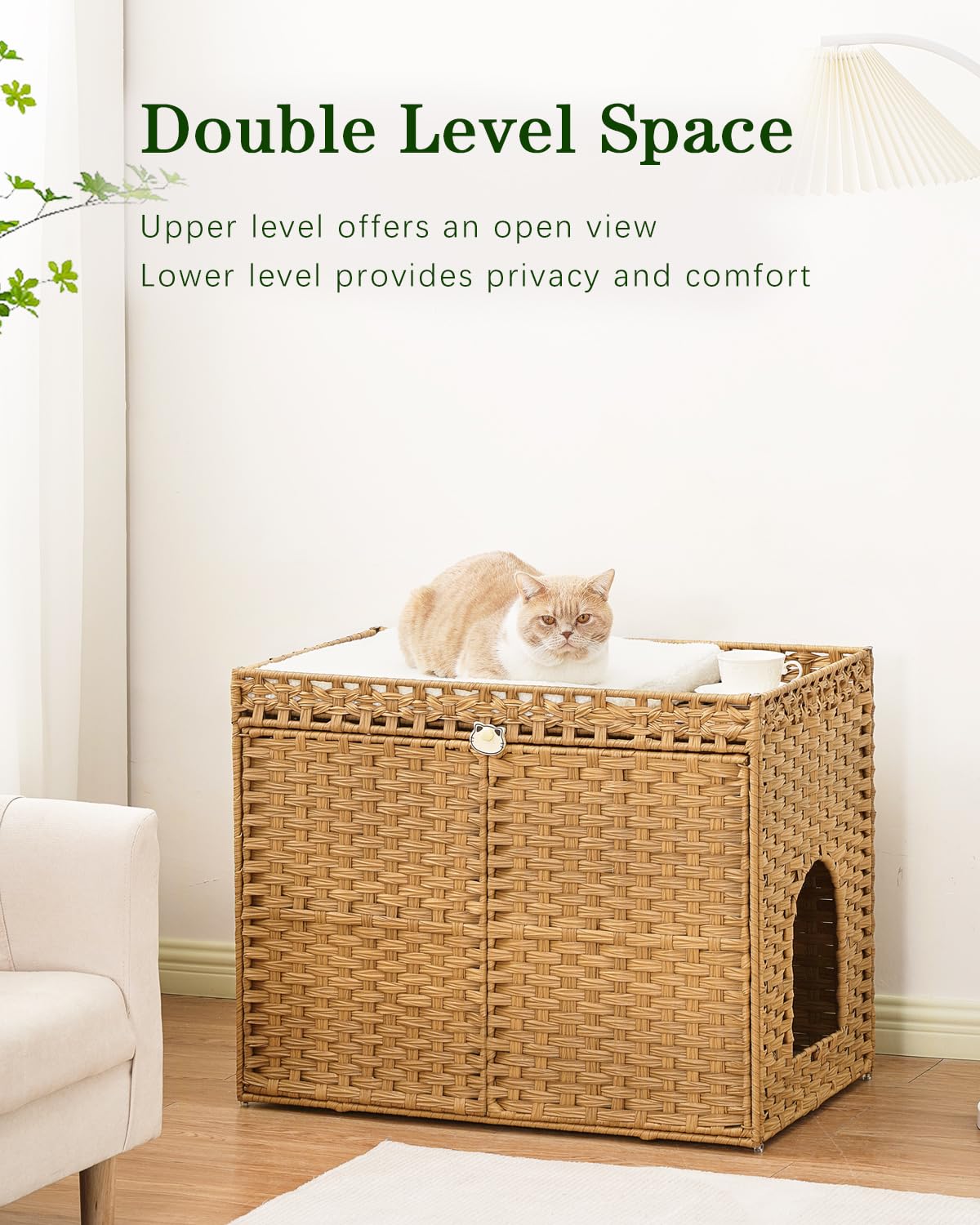 SETVSON Cat Litter Box Enclosure Furniture, Handwoven Rattan Hidden Litter Box with Mat, Large Space Cat House with 2 S-Shaped Hooks 30.3 x 18.3 x 24.4 Inches, Indoor for Living Room Apartment Natural SETVSON