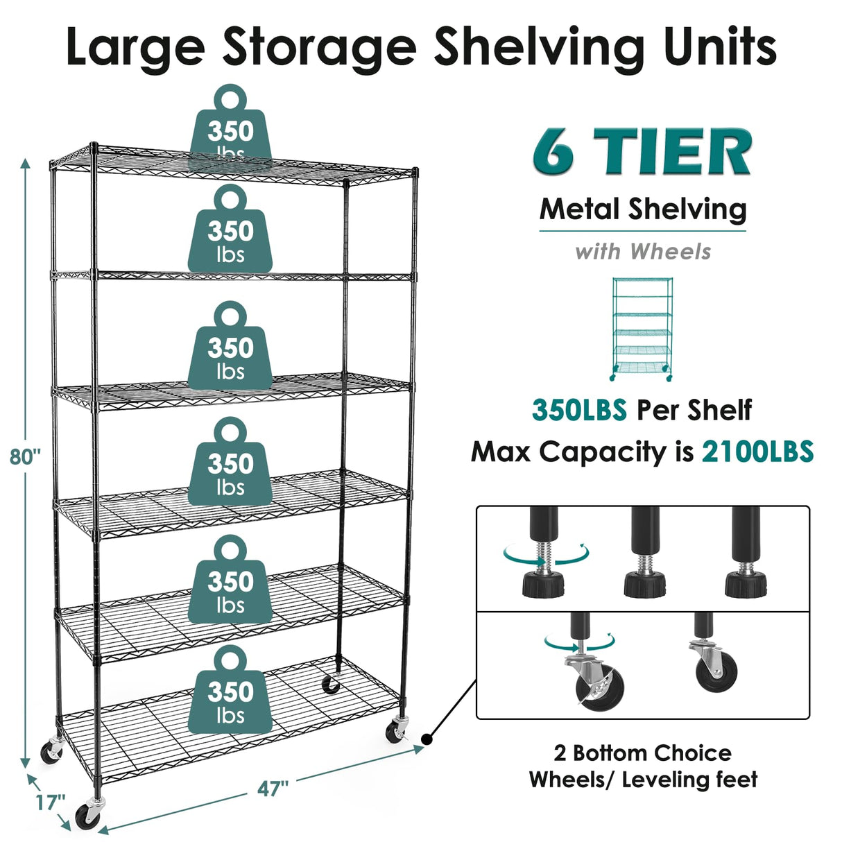 WDT 6 Tier Shelf Shelving Unit with Wheels,Adjustable Metal Shelves for Storage, NSF Black Wire Shelving Rack, 2100Lbs Capacity Heavy Duty Shelving Storage Shelves for Kitchen Garage,47" Dx17 Wx80 H WDT