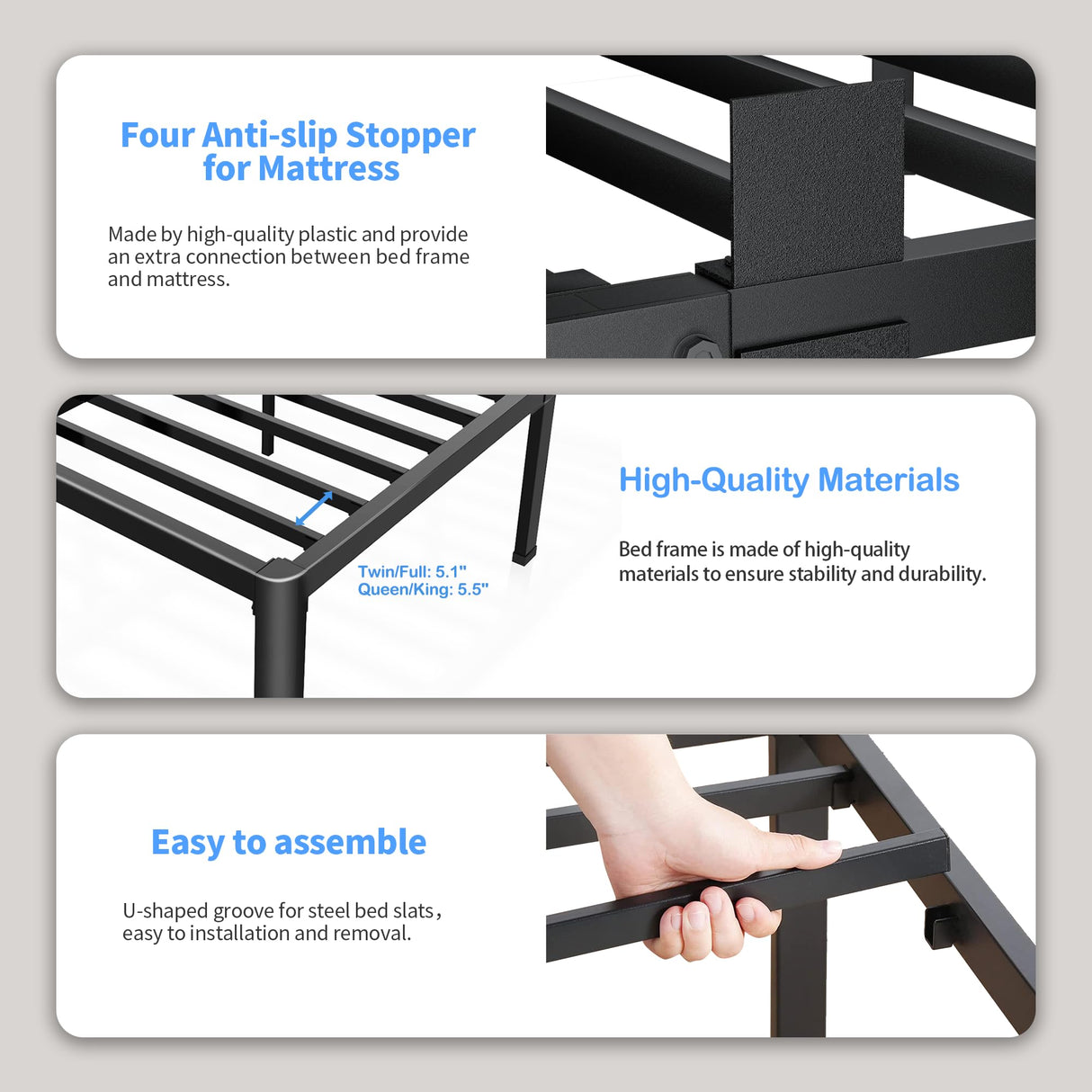 ROIL 18 Inch King Bed Frame with Rounded Corner and Headboard Hole Mattress Retainers 3500LBS Metal Heavy Duty Steel Slats No Box Spring Needed Platform Noise-Free Easy Assembly ROIL