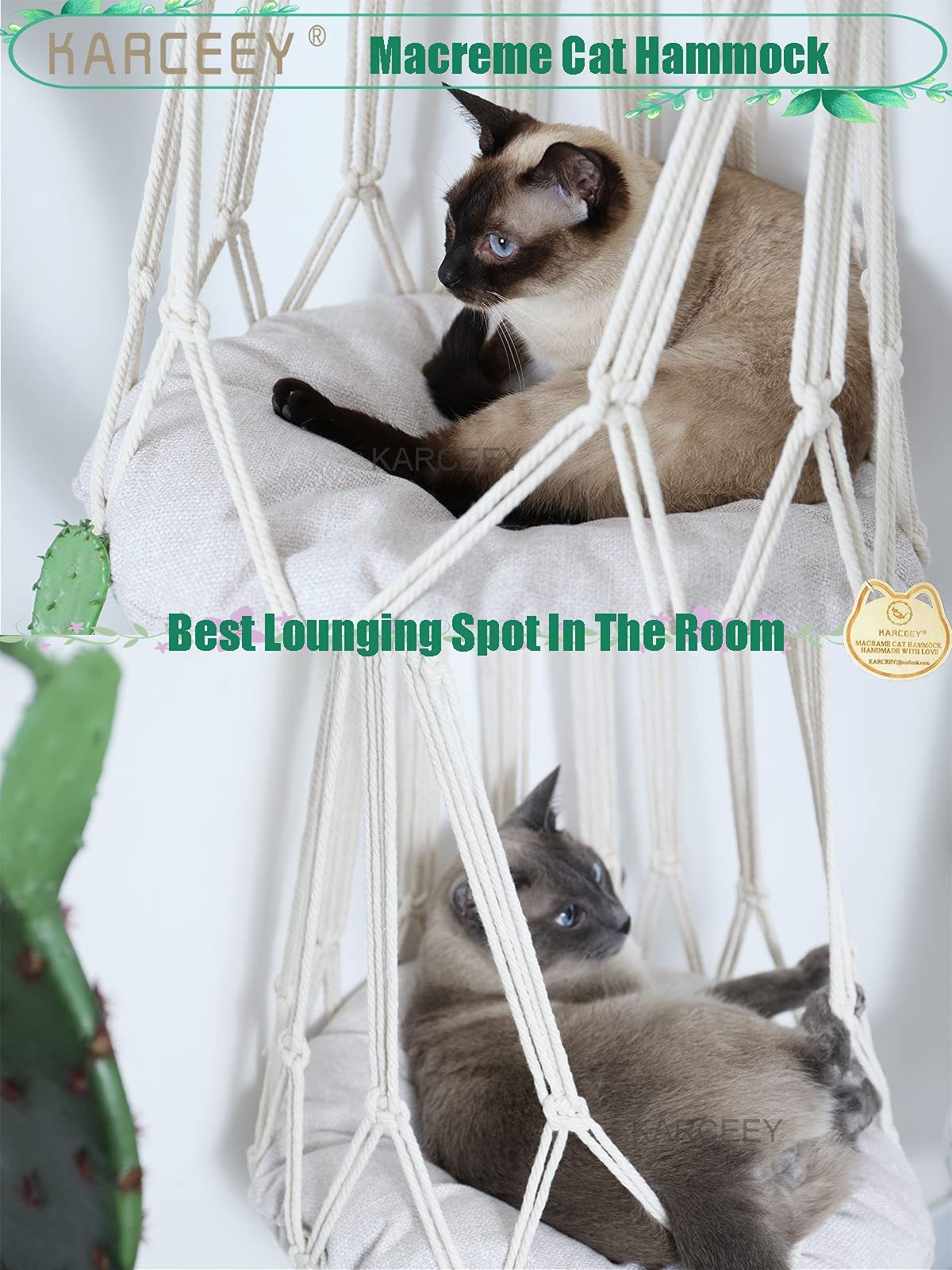 KARCEEY Macrame Cat Hammock,Macrame Hanging Cat Bed with Catnip Cushion and Hanging Kit (1.Macrame Hammock with Cat Bed) KARCEEY
