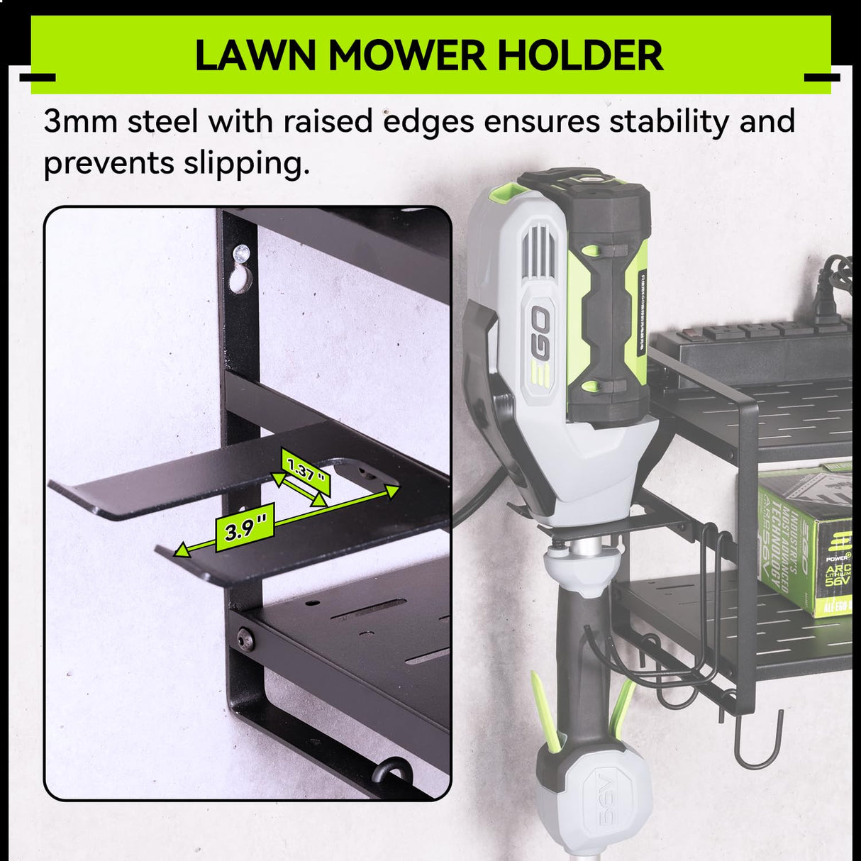 KAFAHOM Leaf Blower and Weed Eater Rack with Charging Station, Lawn Power Tool Organizer Wall Mount, Lawn Tool Storage Rack for Leaf Blower, Weed Eater, Battery, Charger, Black KAFAHOM