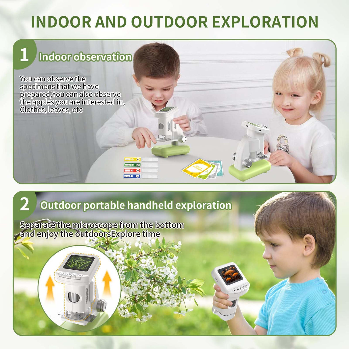 1200X Microscope for Kids with 2 inch Screen STEM Digital Science Kit Rechargeable Handheld Zoom 32GB SD Card Slides Photo and Video Gift for Kids Ages 6 to 12 (Green) WSDMIC