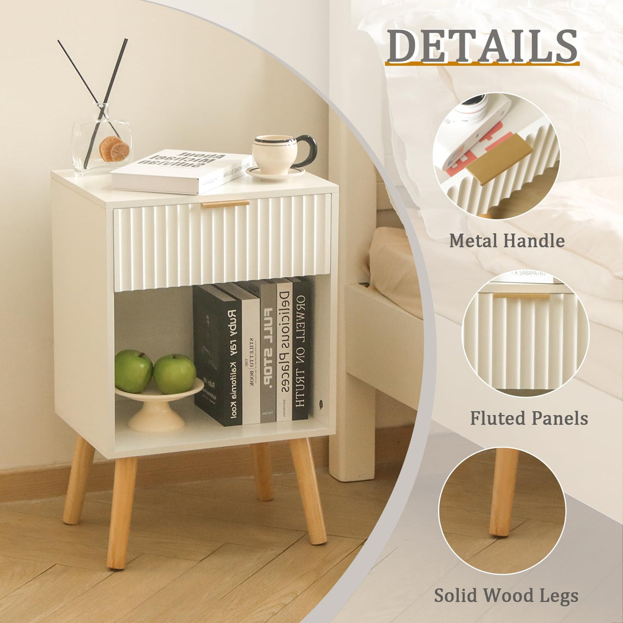 Fultyle White Nightstand, Modern Bedside Table with Drawer and Opening Storage, Fluted End Side Table Living Room with Solid Wood Legs for Bedroom (White) Fultyle