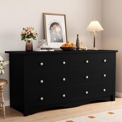 Shahoo Wood Dresser for Bedroom, Wide Chest of Drawers with 6 Drawers,Storage Tower Unit, Modern Closet Store Organizer for Living Room, Hallway (Black)