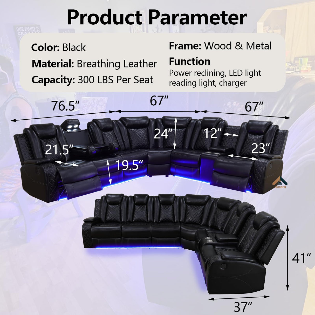 JBXBER Power Recliner Sectional Sofa Set with LED Lights, Leather Reclining Sectional Couch Sets with USB Ports, Cup Holders, Storage Console, L-Shaped Home Theater Seating for Living Room(Black) JBXBER