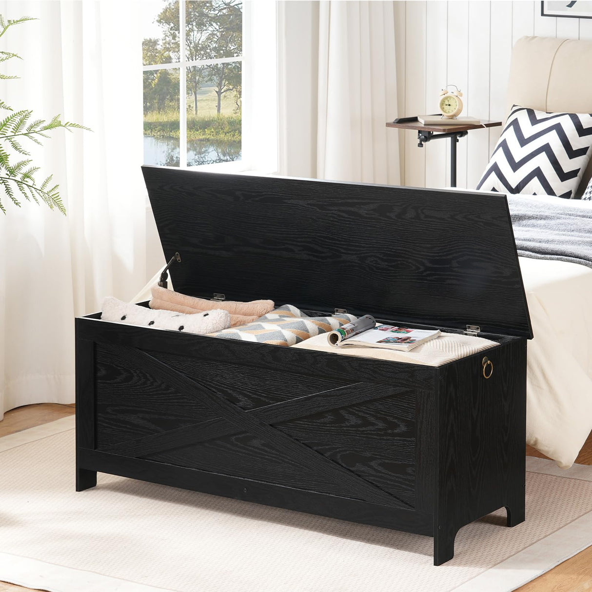 MAHANCRIS 47.2" Toy Chest, Sturdy Entryway Storage Chest with Safety Hinge, Retro Toy Box, Wooden Look Accent Furniture for Living Room, Bedroom, Black SCBK48801 MAHANCRIS