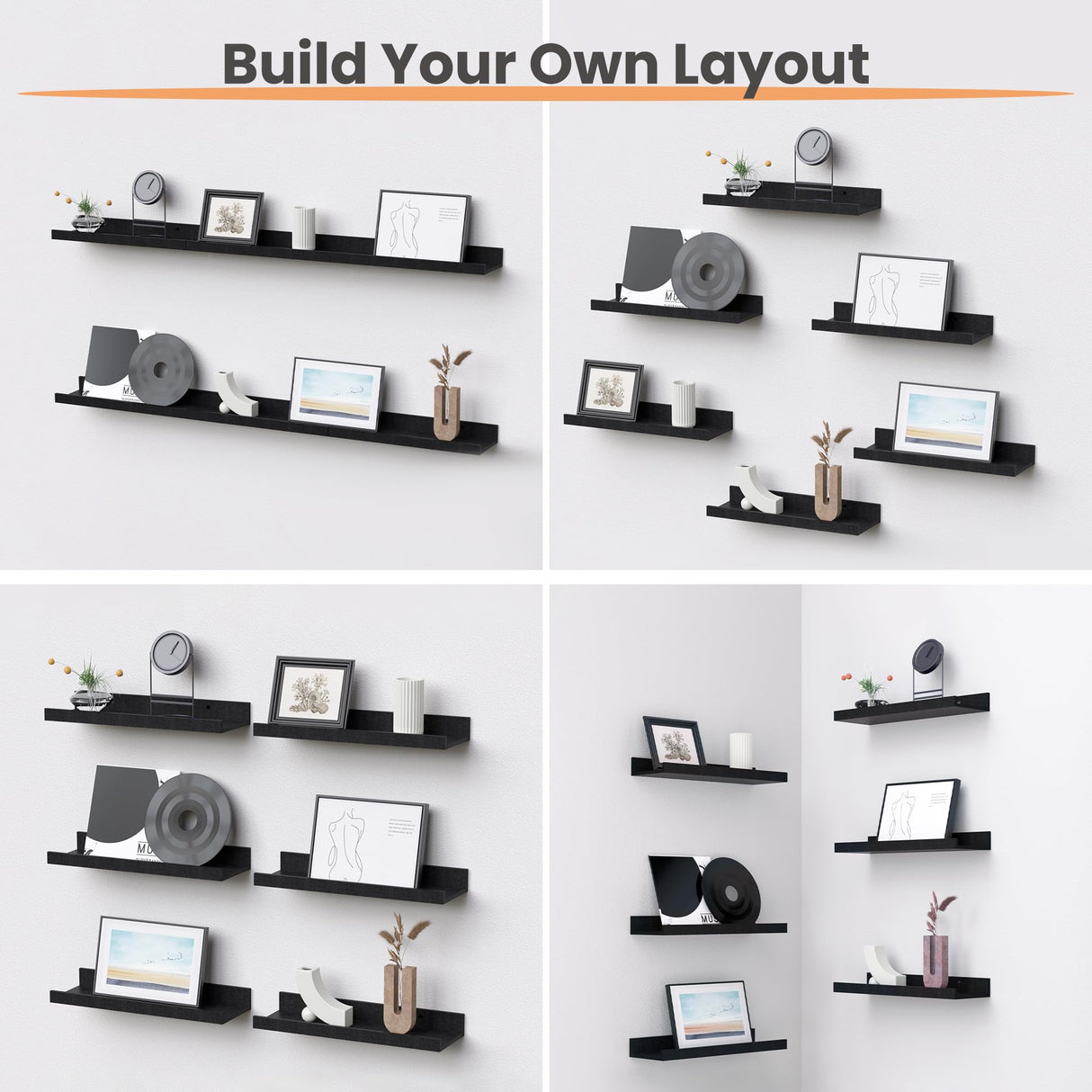 upsimples Floating Shelves for Wall, Wall Shelves for Decor Storage Set of 6, Wall Mounted Wood Shelves for Bedroom, Living Room, Bathroom, Kitchen, Picture Ledge Shelves, Black upsimples