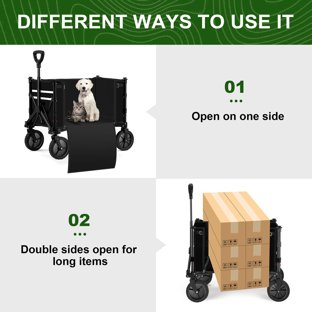 Antifir Collapsible Wagon with Large Capacity, Utility Wagons Carts Heavy Duty Foldable, Portable Folding Wagon with All-Terrain Wheels for Grocery Gardening Sports Shopping Fishing (Black) Antifir