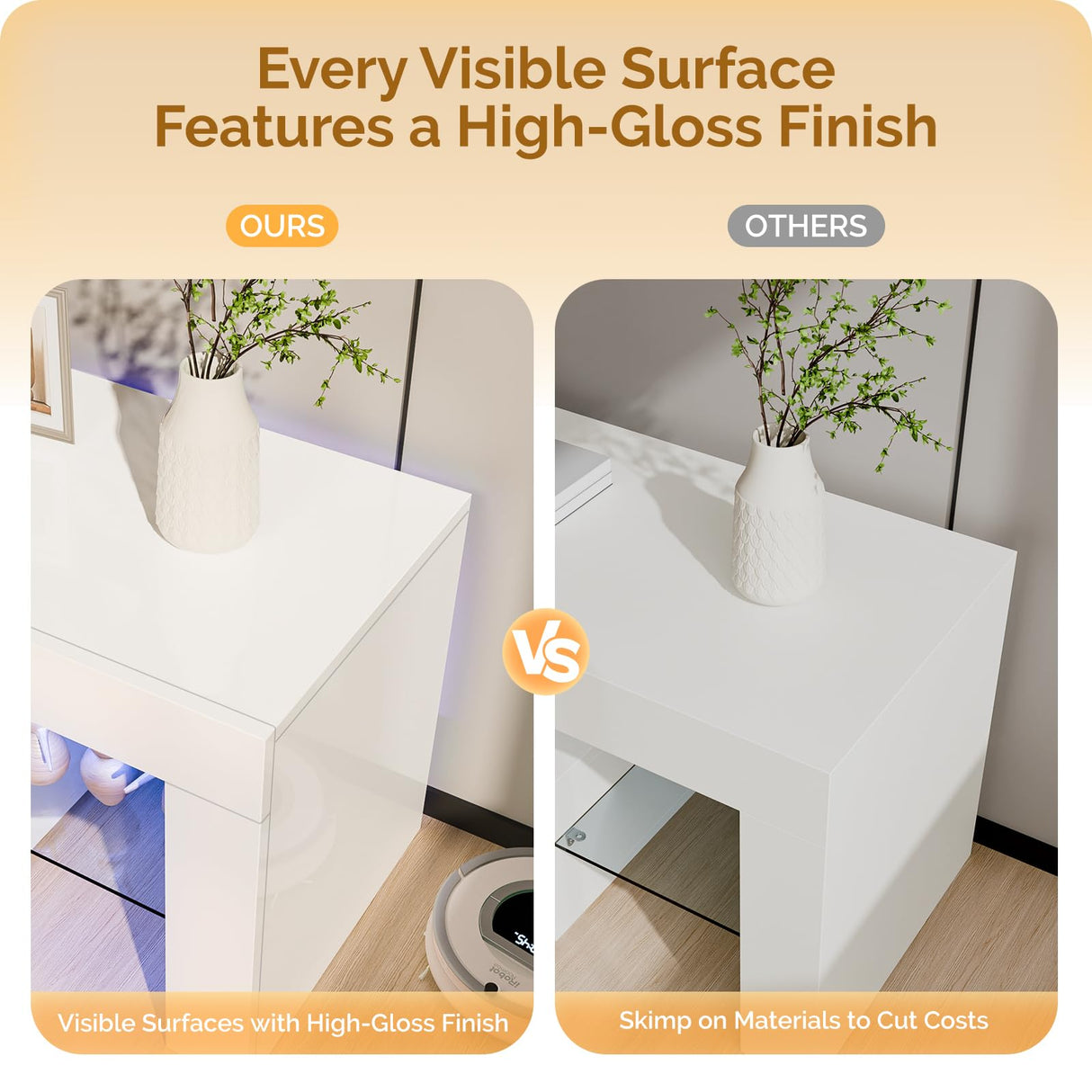 VINGLI LED TV Stand, 63'' High Glossy Modern Entertainment Center with LED Lights and Storage for 55/60/65/70 Inch TV (White, 63'' x 14'' x 18'') VINGLI