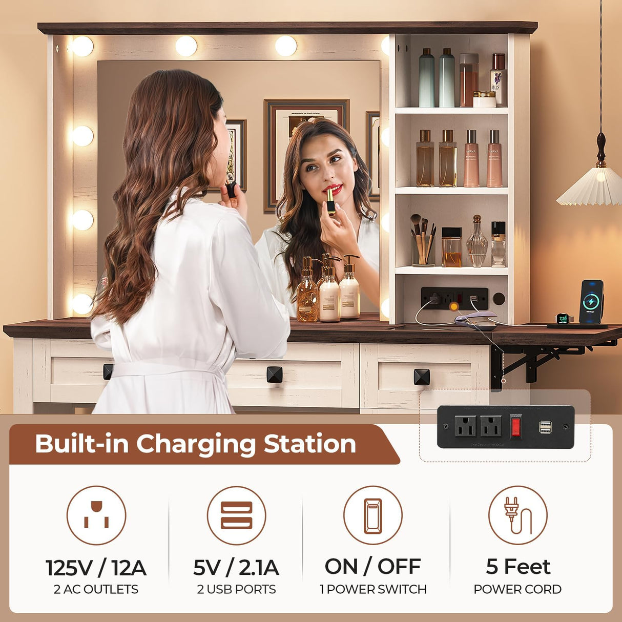 43.7" Farmhouse Vanity Desk with Large Mirror and Hollywood Lights, Makeup Vanity Desk with Charging Station, Adjustable Lighting,3 Drawers with 1 Velvet jewelry box for Bedroom, Dressing Room UPOSOJA