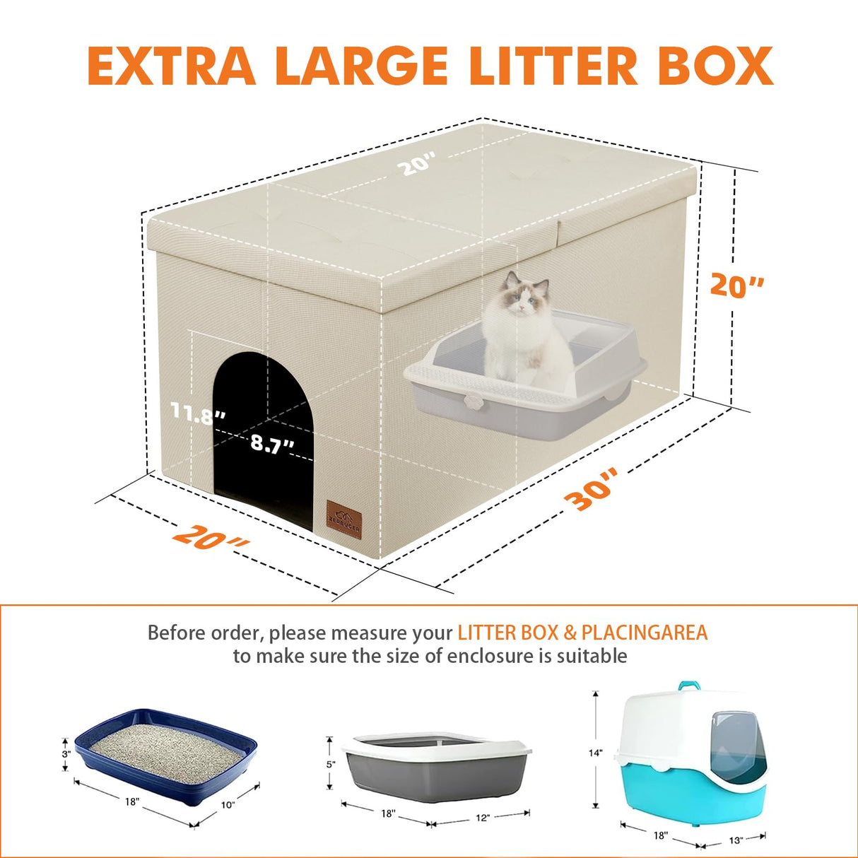 Zerbuger Cat Litter Box Enclosure Furniture for Odor Control, Hidden Cabinet Cats Litter Ottoman with Flip-Up Lid,Cat Litter Box Bench with Storage Space, Dog Proof (Cream, Large) Zerbuger