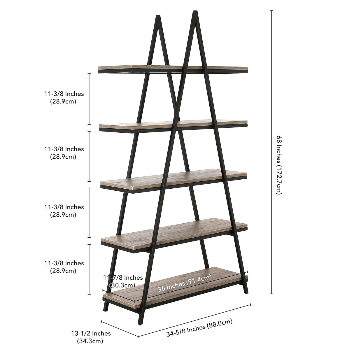 Henn&Hart 68'' Tall A-Frame Bookcase in Blackened Bronze/Antiqued Gray Oak, for Home, Living Room, Bedroom, Entertainment Room, Office Henn&Hart
