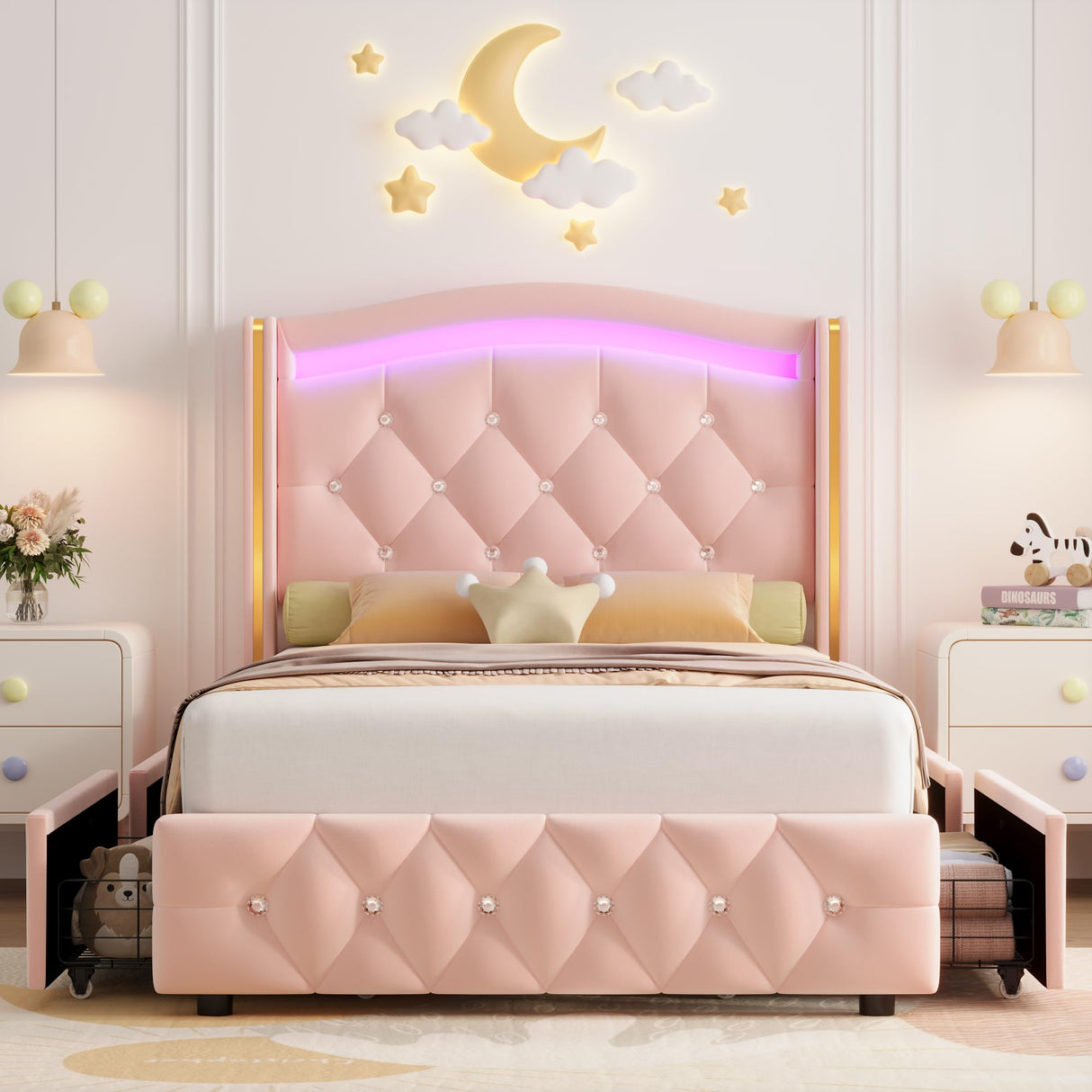 HIFIT Upholstered Twin LED Bed Frame with Crystal Button-Tufted Headboard and 4 Storage Drawers, Velvet Princess Twin Size Platform Bed Frames for Kids/Girls, No Box Spring Needed, Easy Assembly, Pink HIFIT