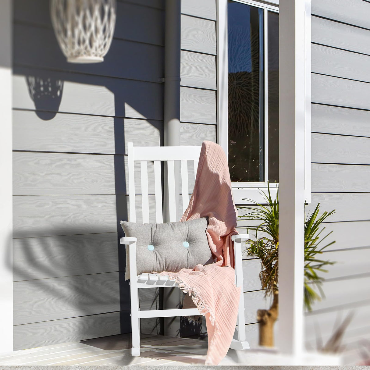 Outvita Outdoor Rocking Chair, Solid Wood High Back Rocker, All Weather Lounge Chair for Porch Patio Fire Pit Garden Backyard Deck Indoor, White Outvita