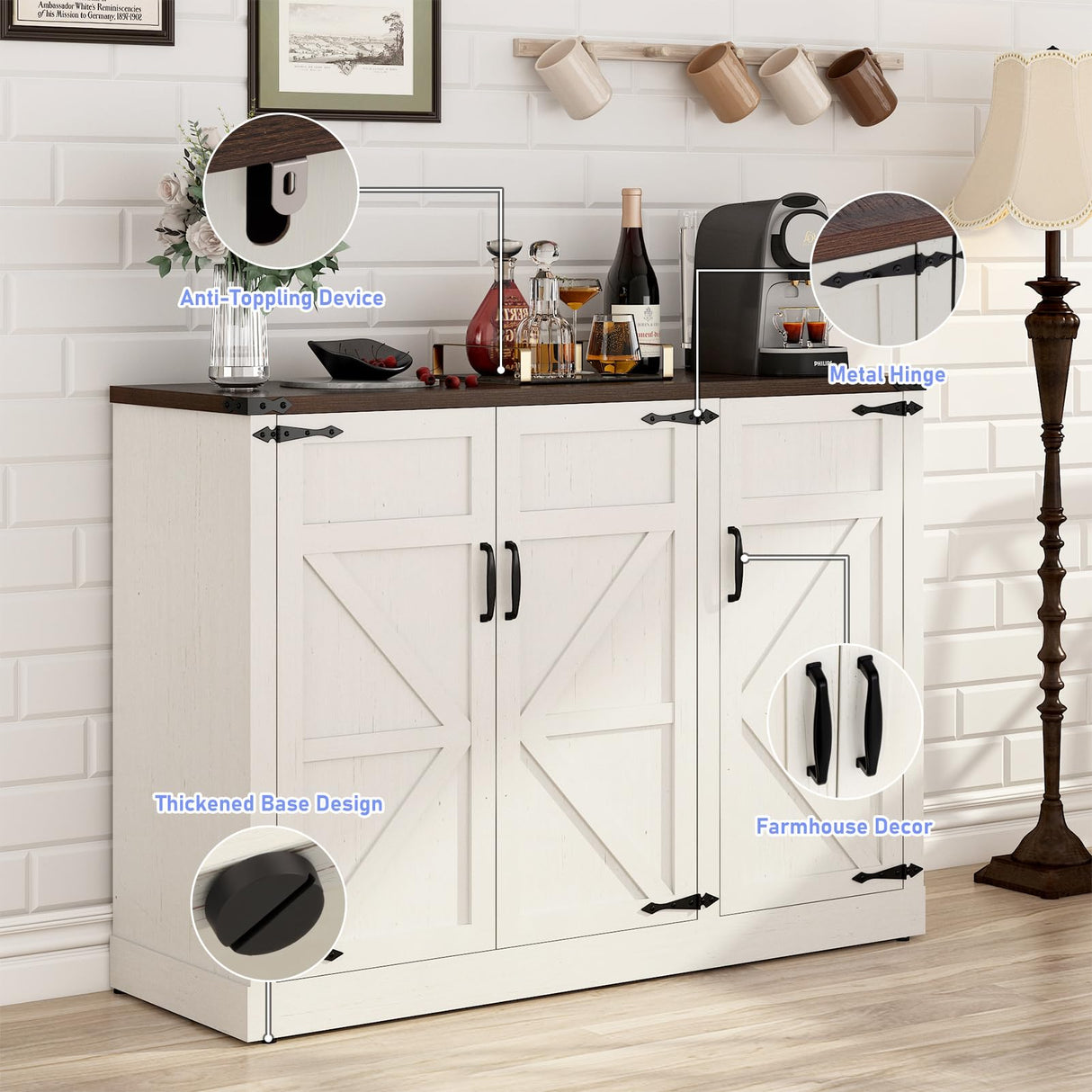 Sideboard Buffet Cabinet with Storage - 47.2 Inch Farmhouse Kitchen Sideboard Cabinets with Adjustable Shelves, Wooden Coffee Bar Storage Cabinet Buffet Table for Kitchen, Dining Room, White chartustriable