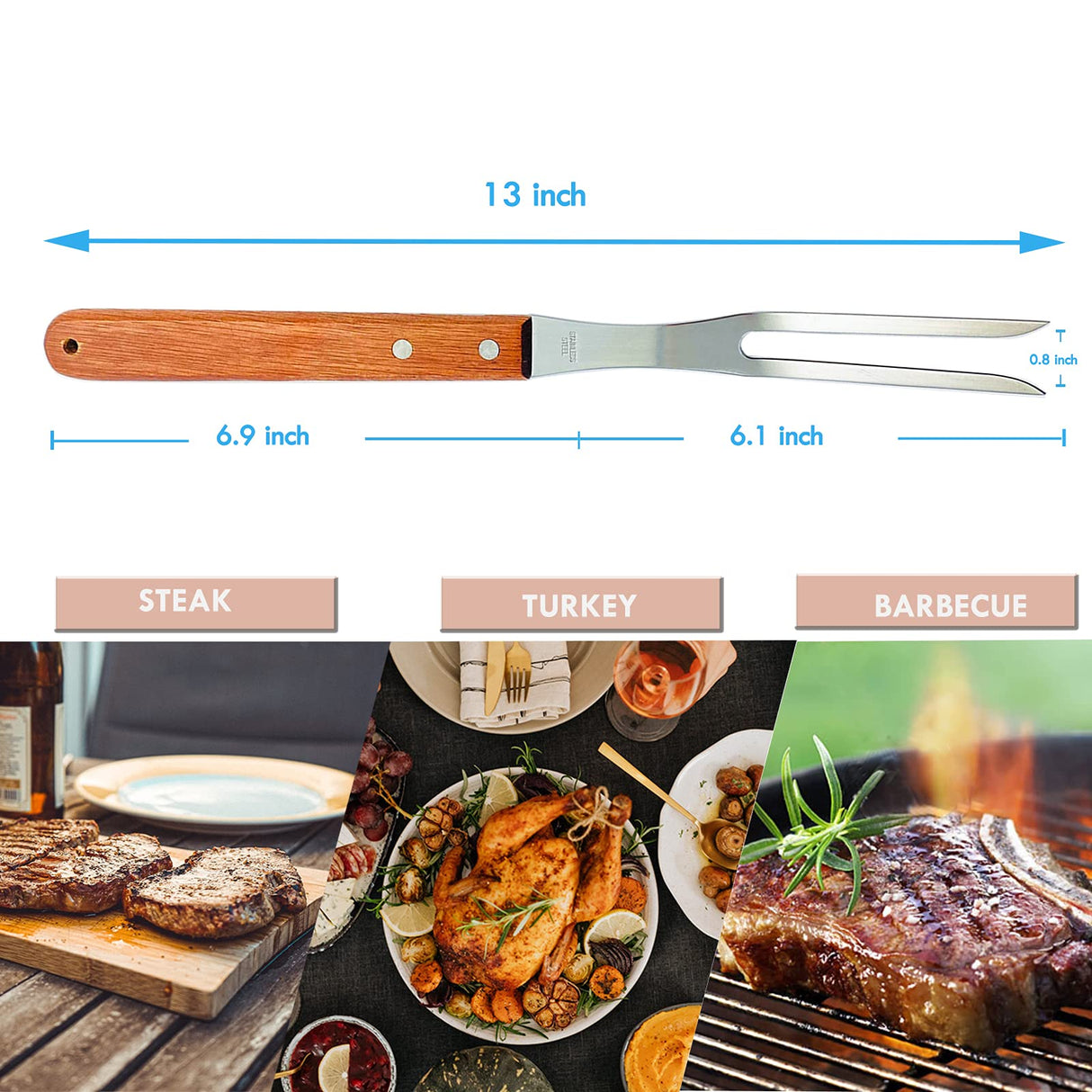 VOJACO Carving Fork, Meat Fork (2 Pack), 13 Inch Cooking Forks with Wooden Handle, Heavy Duty Stainless Steel BBQ Fork, Long Metal Chef Kitchen Forks for Barbecue, Serving, Cooking, Grilling, Roasting VOJACO