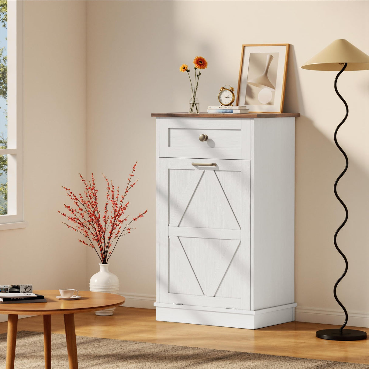 YESHOMY Tilt Out Trash Cabinet,10 Gallon Hidden Wooden Bin Cabinets, Laundry Hamper with Drawers, for Kitchen, Dining Room(Light White) YESHOMY