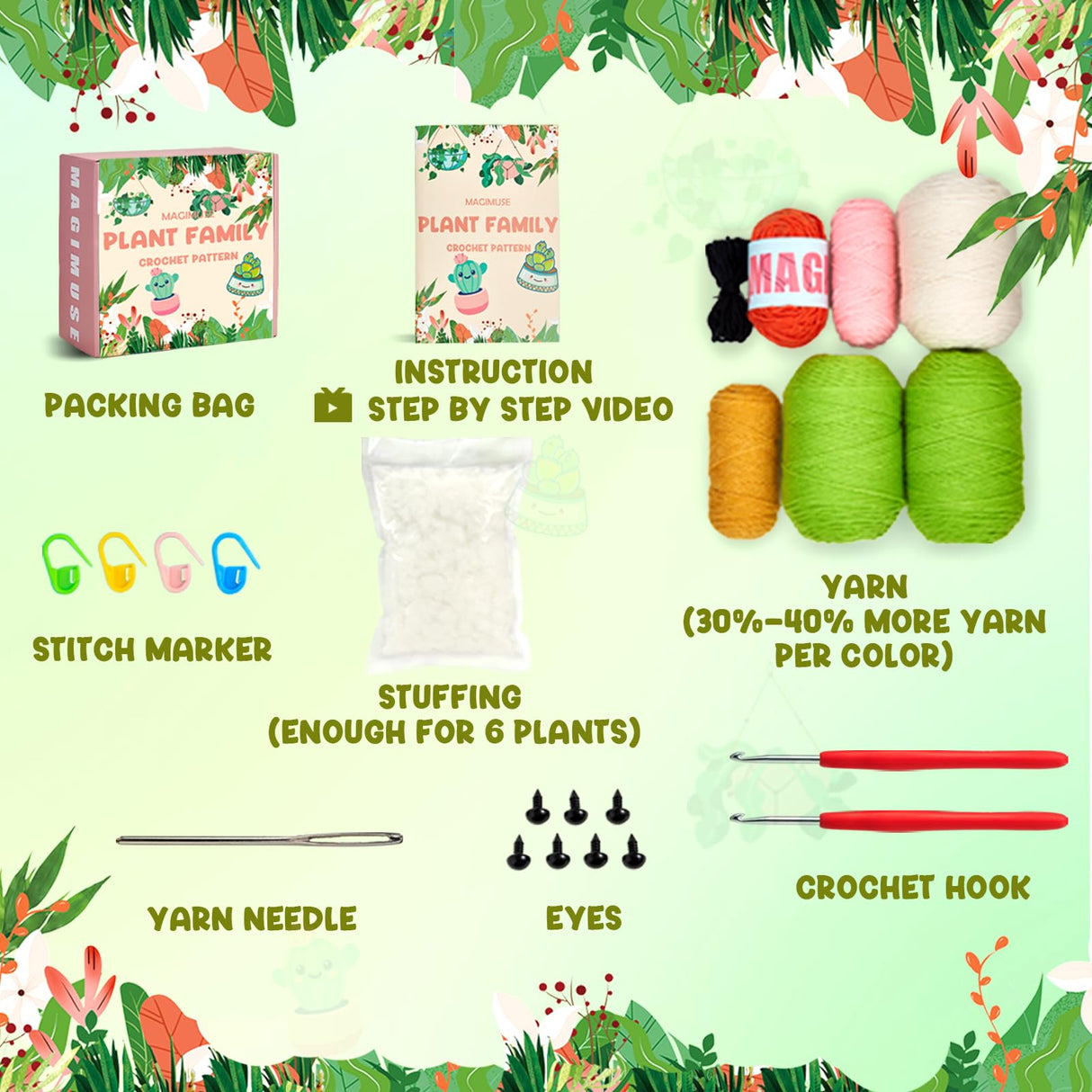 MAGIMUSE Crochet Kit for Beginners, Crochet Starter Kits, Amigurumi Craft Knitting Crocheting Kits with Step-by-Step Video Tutorials, 6 Pack Hanging Potted Plants Family(40%+ Yarn MAGIMUSE