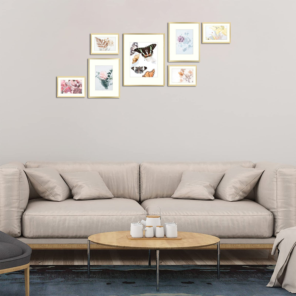 Golden State Art, 7 Pack, One 11x14, Two 8x10, and Four 5x7 Pictures. Aluminum Photos Frame for Wall or Tabletop Display (Gold) Golden State Art