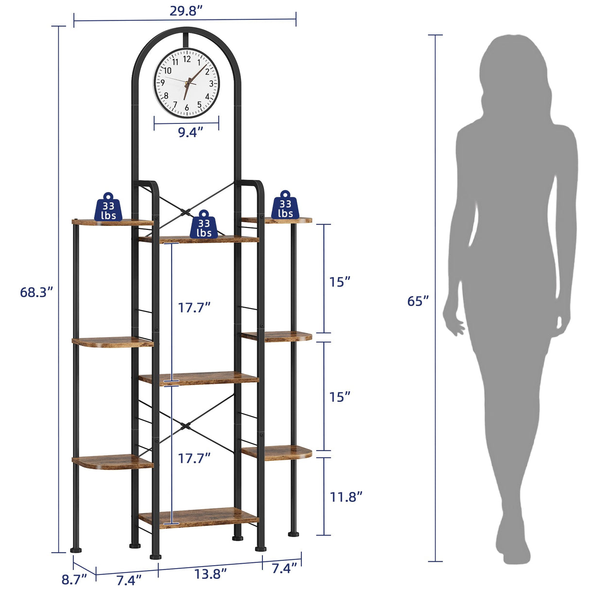 HIGDBFE Bookshelf with Wall Clock, Triple Bookcase with Open Display Shelves, Industrial Style Book Shelves, Modern Display Shelf for Living Room, Bedroom, Home Office, Rustic Brown HIGDBFE