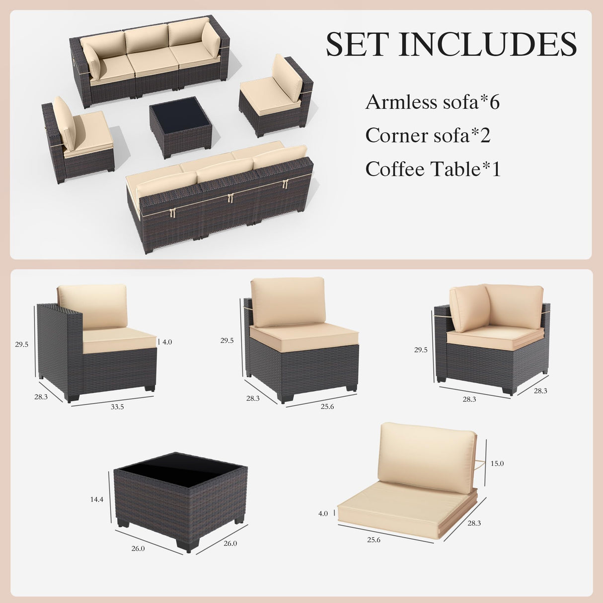 Gotland 9 Pieces Patio Furniture Set with 1 Coffee Table, Wicker Outdoor Sectional with 29.5'' High Backrest Thick Waterproof Cushions, Conversation Sets in 4 Combinations for Deck Pool Khaki Gotland