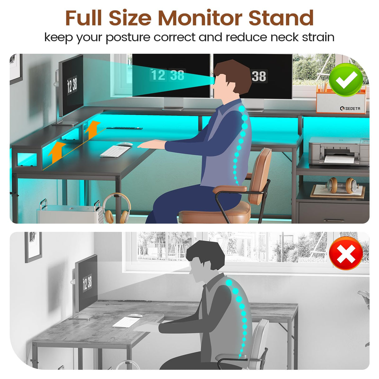 SEDETA L Shaped Gaming Desk, 66" Home Office Desk with File Drawer & Power Outlet, Corner Gaming Computer Desk with Led Lights, Monitor Shelf and Printer Storage Shelves, Two Person Desk, Black SEDETA