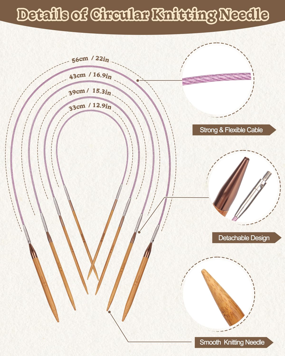 Aeelike Interchangeable Knitting Needles Set, 13 Pairs Circular Knitting Needles Set Bamboo Knitting Needles with Case Knitting Accessories for Socks Blankets Cushions Aeelike