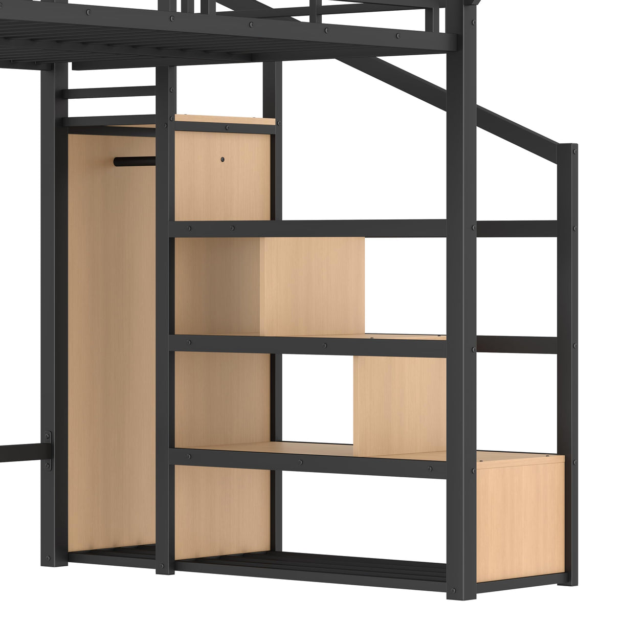 Full Loft Beds with Storage Beside Shelves and Wardrobe, Metal Loft Bed Full with LED Lights and USB Ports, Heavy-Duty Loft Bed Frame for Teens, Adults, Noise-Free & Space-Saving, Black Bellemave