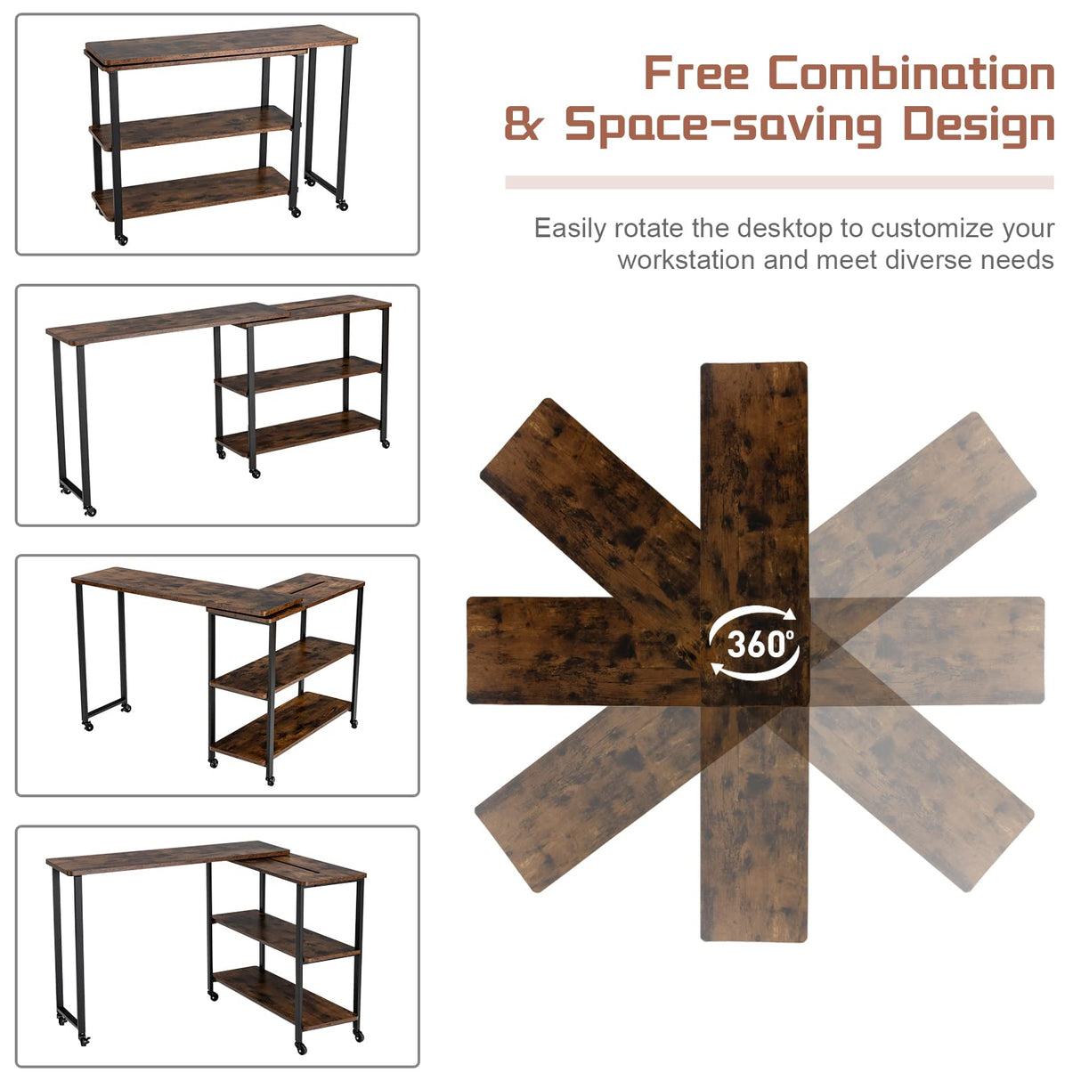 Tangkula Large 360° Free Rotating Sofa Side Table, Patented Mobile Couch Desk with 2-Tier Storage Shelves, Movable Laptop Table with Sturdy Metal Frame, Couch Table Snack Table for Home Office Tangkula