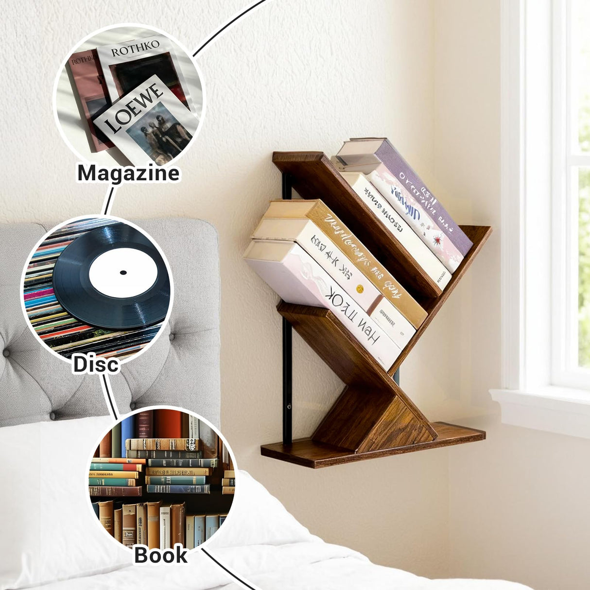 Tree Bookshelf 3 Tier Book shelves for Wall, Unique Hanging Bookshelf Wall Mounted Desk Bookshelves Organizer for Magazine/Books, Small Tree Bookshelf for Bedroom, Living Room Office, Rustic Brown BESHIGH